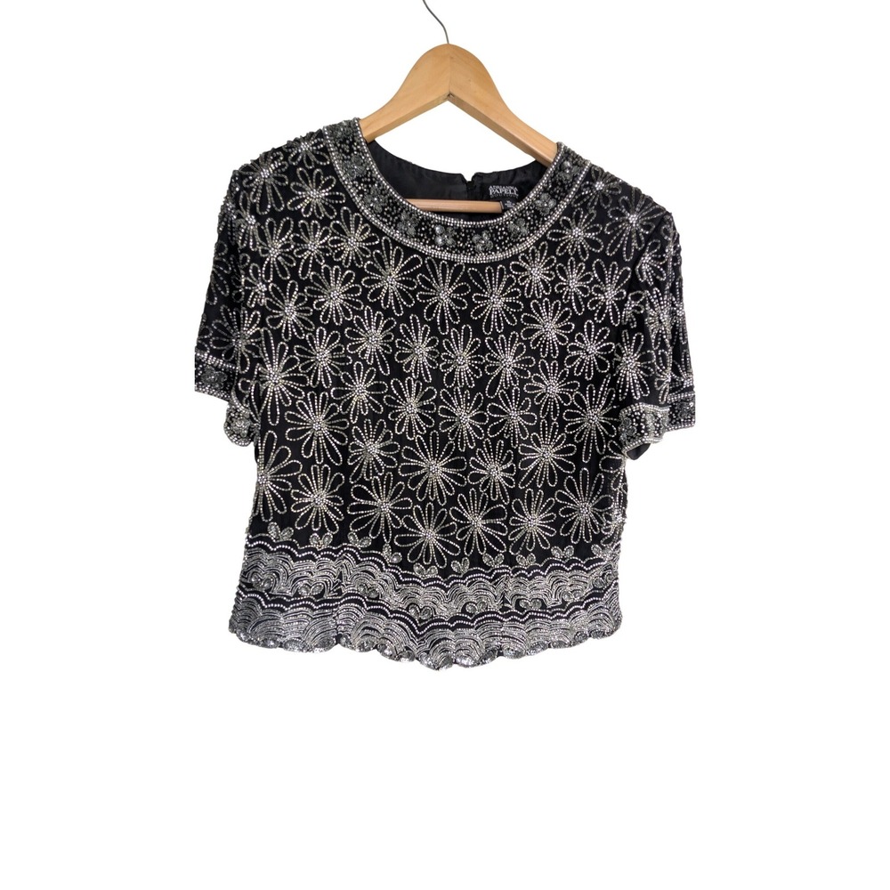 Adrianna Papell Boutique Silk Beaded Sequin Scalloped Top Womens XL Black Silver